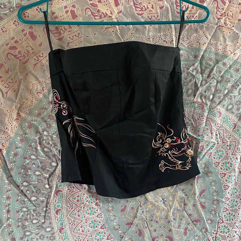 Black Embroidered Strapless Top